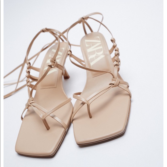 ZARA NEW WOMAN TIED HEEL LEATHER SQUARE SANDALS - Picture 4 of 12